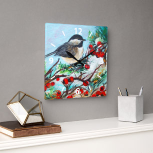 Sweet Chickadee Bird Painting Wall Décor Square Wall Clock