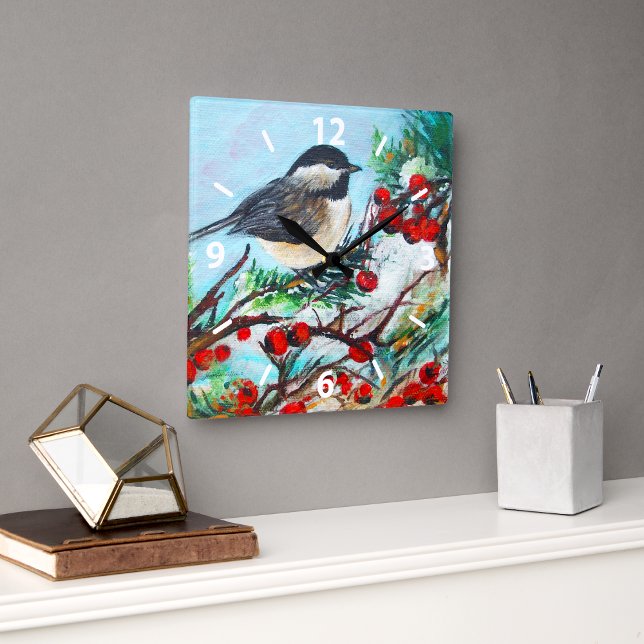 Sweet Chickadee Bird Painting Wall Décor Square Wall Clock (Sweet Chickadee Bird Painting Wall Décor Square Wall Clock from Jenn's Emporium. )