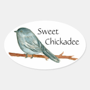 Sweet Chickadee Bird Watercolor Illustration Oval Sticker