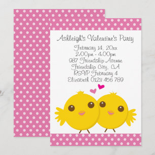 Sweet Chicks in Love Pink Kids Valentines Party Invitation