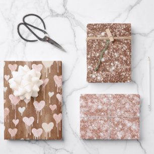Sweet Chocolate Hearts Cream Brown Pink Glitter Wrapping Paper Sheet