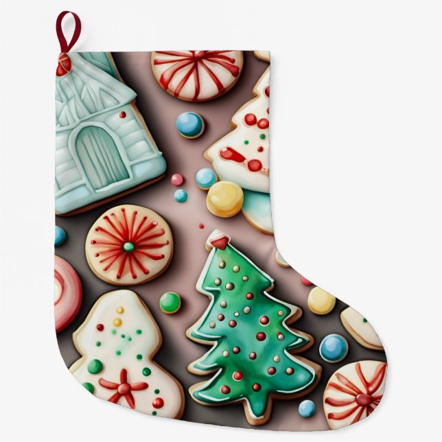 Sweet  Christmas and New Year Sugar cookies Large Christmas Stocking (Front)