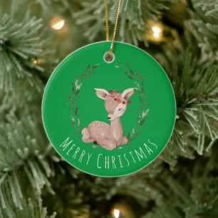 Sweet Christmas Fawn Wreath  Ceramic Ornament