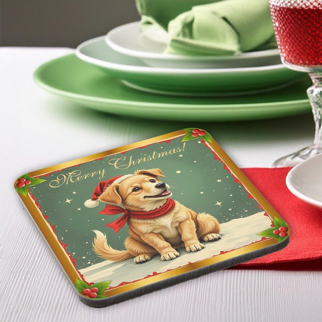 Sweet Christmas Golden Puppy  Coaster (Sweet Christmas Golden Puppy Beverage Coaster by the Olde Christmas Shoppe)