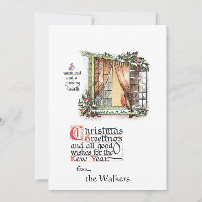 Sweet Christmas Robin at Snowy Window Holiday Card (Front)