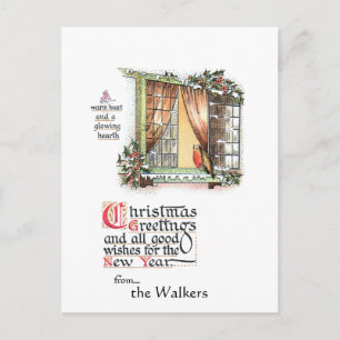 Sweet Christmas Robin at Snowy Window Postcard