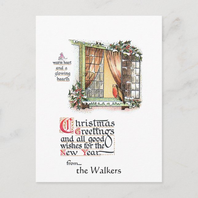 Sweet Christmas Robin at Snowy Window Postcard (Front)