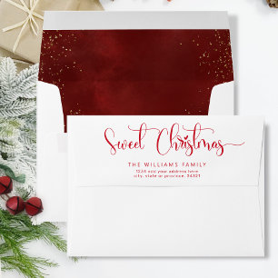 Sweet Christmas Script inside Red and Gold Glitter Envelope