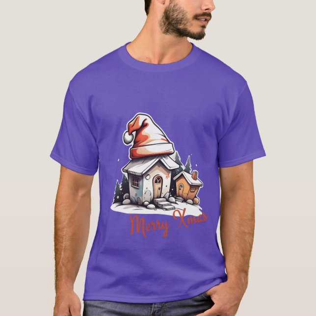 Sweet Christmas village with Christmas trees retro T-Shirt (Front)