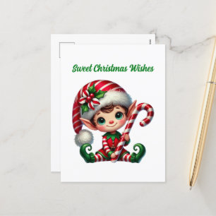 Sweet Christmas Wishes peppermint elf Holiday Postcard