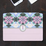 Sweet colourful geometric pattern monogrammed  iPad pro cover<br><div class="desc">A beautiful geometric pattern with sweet colours (blue,  pink,  white and green) for the upper half of this iPad case.
The lower half remain light pink to give a space sensation. In the middle in a metallic like circle is your monogram,  written in very chic interlaced letters.</div>