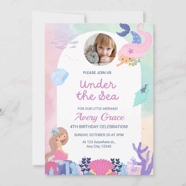 Sweet & Colourful Mermaid Theme Birthday Invitation (Front)