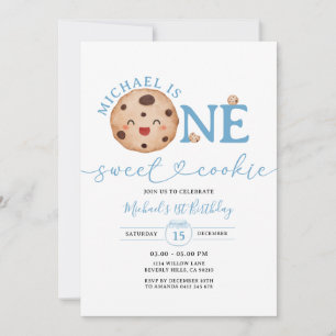 Sweet Cookie Boy First Birthday Blue Gingham Jar Invitation