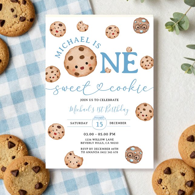 Sweet Cookie Boy First Birthday Blue Gingham Jar Invitation (Creator Uploaded)