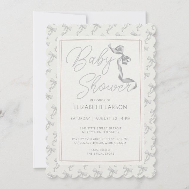 Sweet Coquette Beige Bow Tie Elegant Baby Shower Invitation (Front)