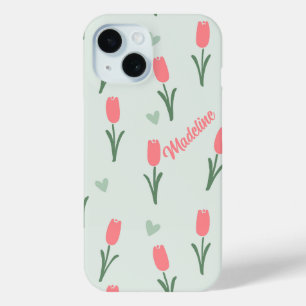 Sweet Coral Tulips and Mint Green Hearts iPhone 15 Case