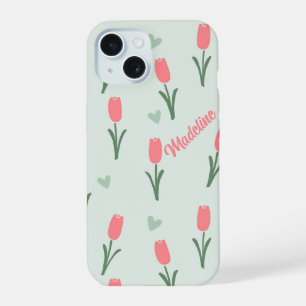 Sweet Coral Tulips and Mint Green Hearts iPhone 15 Case