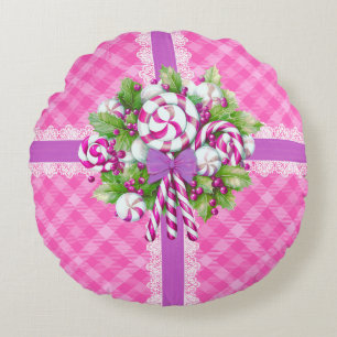 Sweet Cottage Pink and Purple Round Cushion