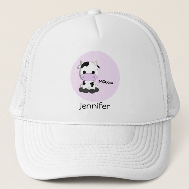 Sweet cow cartoon on pink name girly hat (Front)