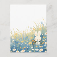 Sweet Cream Bunny in Blue Wildflower Meadow