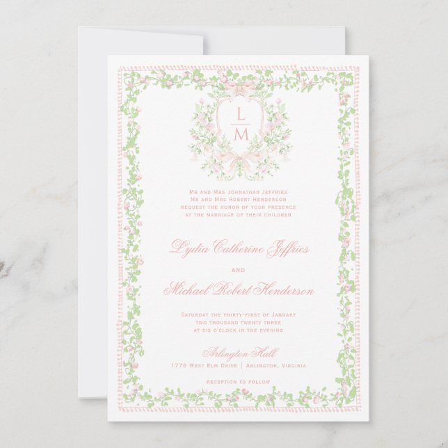 Sweet Crest w/ Blush Pink Bow | Monogram Wedding Invitation (Front)