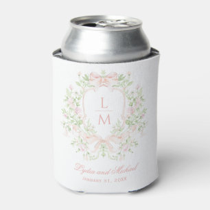Sweet Crest w/ Blush Pink Bows   Monogram Wedding Can Cooler