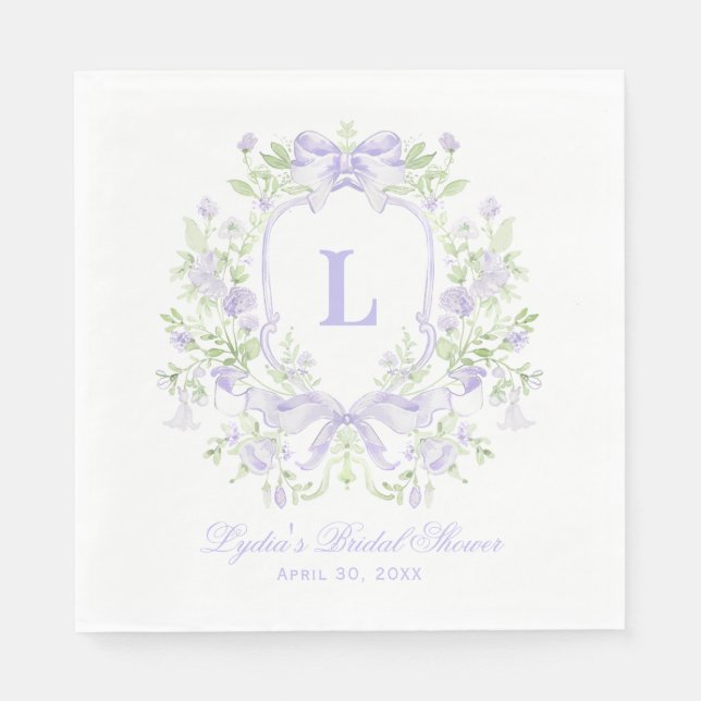 Sweet Crest w/ Lavender bow Monogram Bridal Shower Napkin (Front)