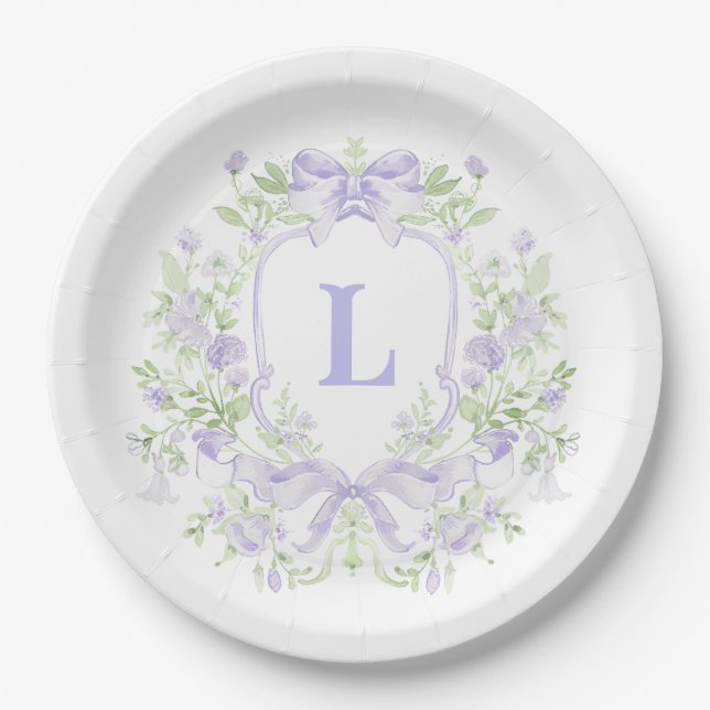 Sweet Crest w/ Lavender Bows | Bridal Shower Paper Plate (Front)