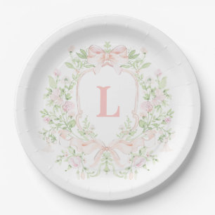 Sweet Crest w/ Pink Bows   Monogram Bridal Shower Paper Plate