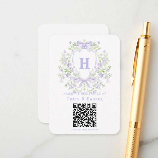 Sweet Crest with Lavender Bows Gift Registry Enclosure Card (Front/Back In Situ)