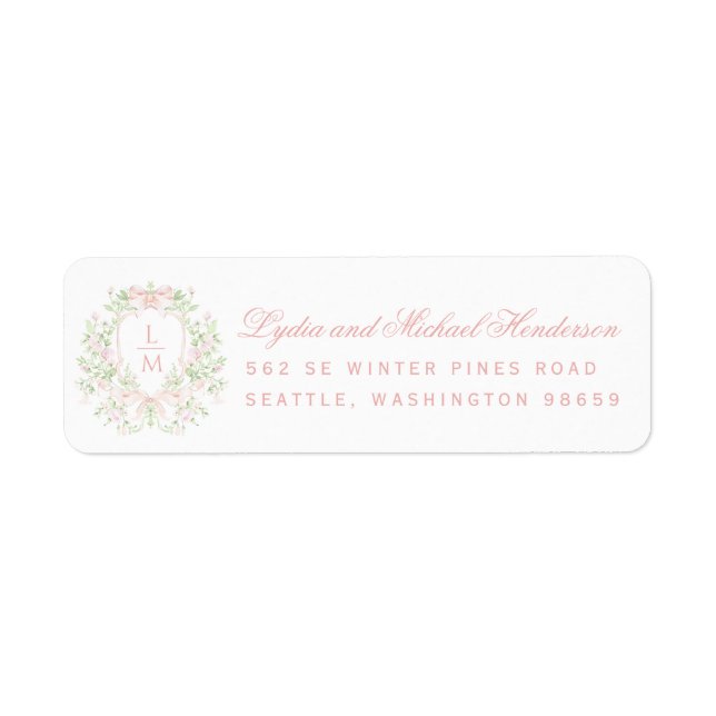 Sweet Crest with Pink Bows Wedding Return Address Return Address Label (Front)