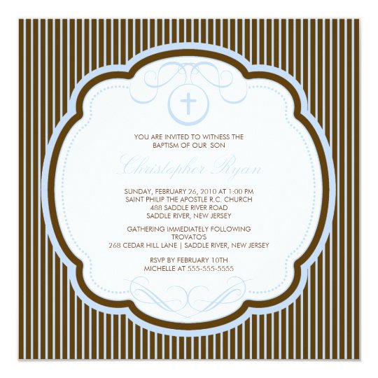 Sweet Cross Blue & Brown Boy Baptism Inviation Card