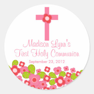 Sweet Cross Pink Floral First Holy Communion Classic Round Sticker