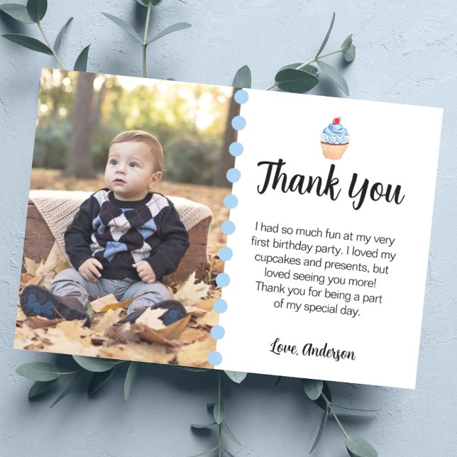 Sweet Cupcake Blue Boy First Birthday Party Photo Thank You Card (Creator Uploaded)