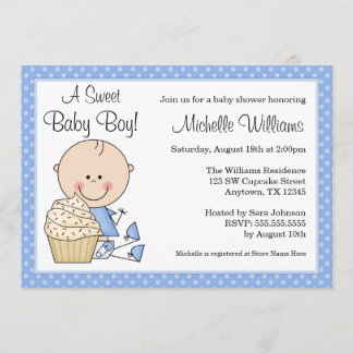 Sweet Cupcake Blue Polka Dot Boy Baby Shower Invitation