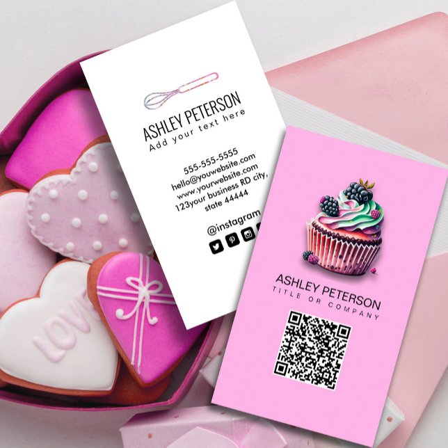 Sweet Cupcake Catering Bakery Pink QR Code Social Business Card (Business card featuring vibrant, delicious-looking cupcakes with diverse and imaginative toppings. )