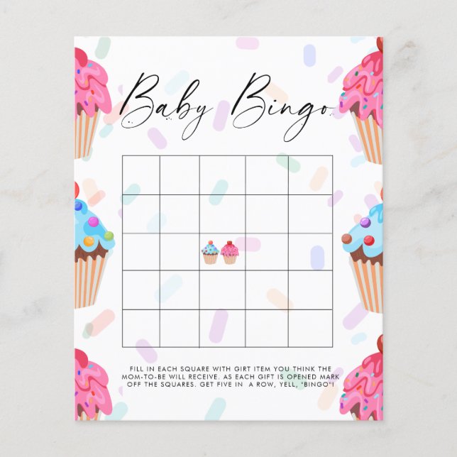 Sweet Cupcake Gender Reveal Baby Bingo Game (Front)