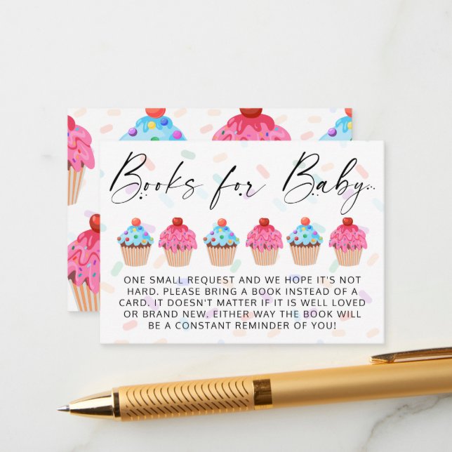 Sweet Cupcake Gender Reveal Book Request Enclosure Card (Front/Back In Situ)