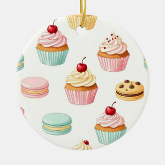 Sweet Cupcake Macaron Pattern Ceramic Ornament