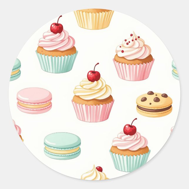 Sweet Cupcake Macaron Pattern Classic Round Sticker (Front)