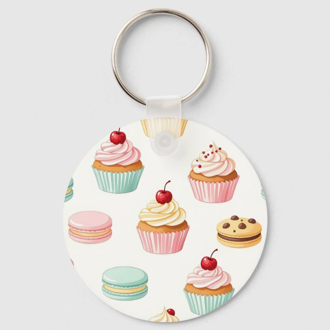 Sweet Cupcake Macaron Pattern Key Ring (Front)