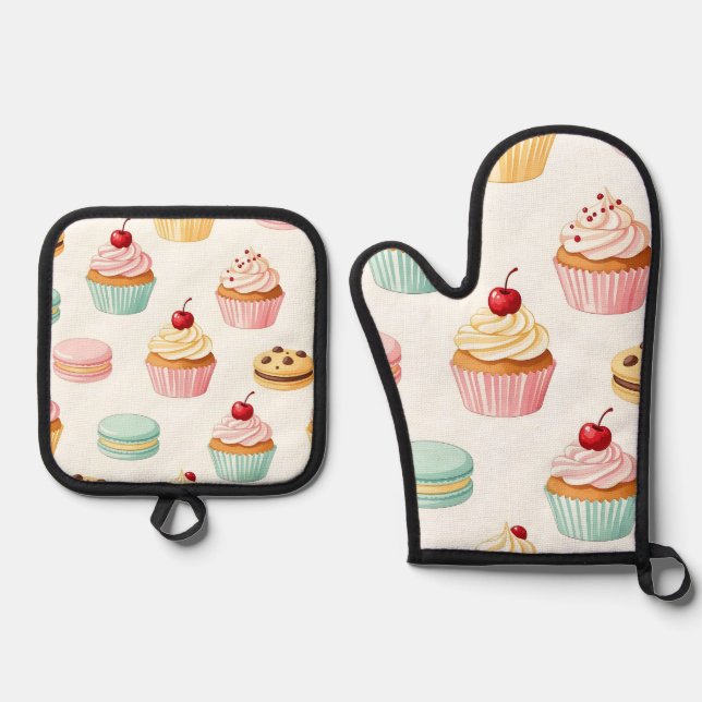 Sweet Cupcake Macaron Pattern Oven Mitt & Pot Holder Set (Front)