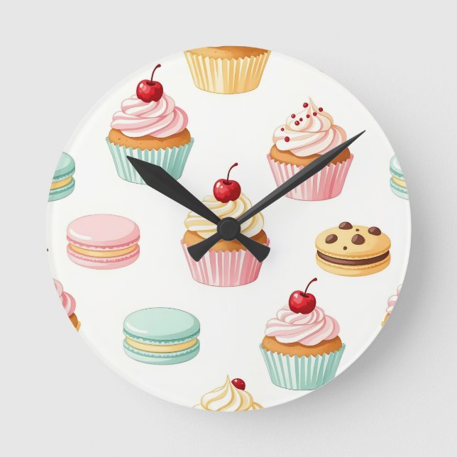 Sweet Cupcake Macaron Pattern Round Clock (Front)