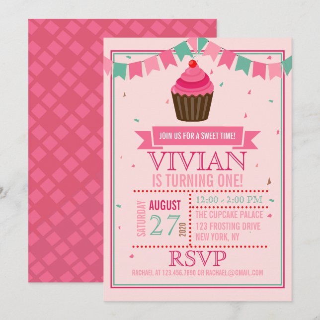 Sweet Cupcake Pink and Green/First Birthday Party Invitation (Front/Back)