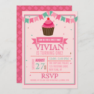 Sweet Cupcake Pink and Green/First Birthday Party Invitation