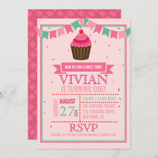 Sweet Cupcake Pink and Green/First Birthday Party Invitation