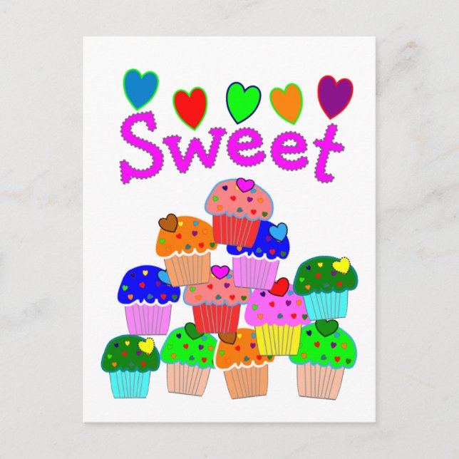 "Sweet" Cupcake Stack with Bright Hearts Postcard (Front)