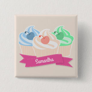 Sweet Cupcake Trio Personalised Pink 15 Cm Square Badge