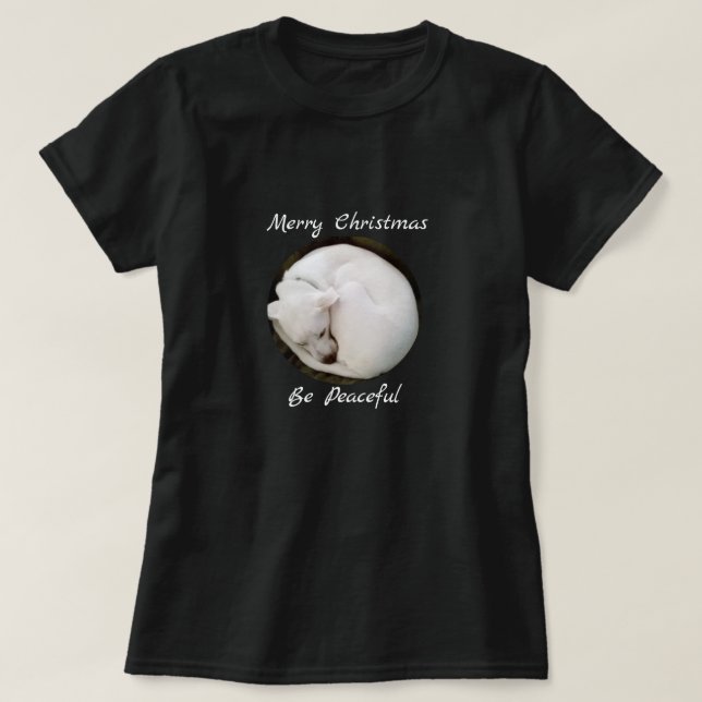 Sweet Curled Up White Dog Peaceful Christmas T-Shirt (Design Front)