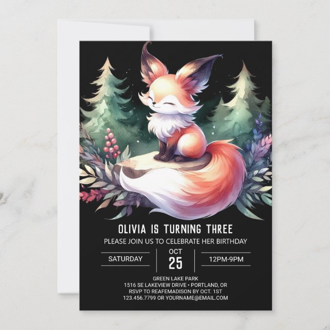 Sweet Custom Fox Birthday digital Invitation (Front)